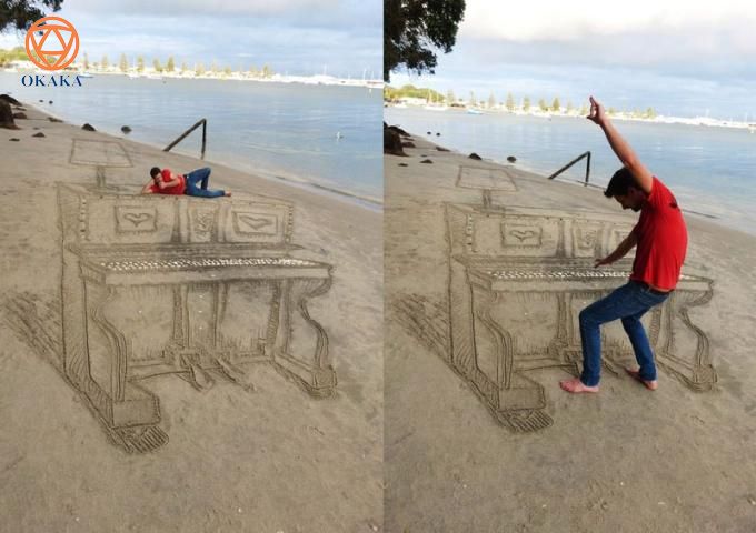 Là người yêu nghệ thuật, hẳn bạn sẽ thấy rất mới mẻ khi chiêm ngưỡng những bức tranh 3D trên cát. Và nếu yêu thích piano, hẳn bạn sẽ còn “mắt chữ A, mồm chữ O” trước bức tranh cây đàn piano 3D trên cát của họa sĩ Jamie Harkins.